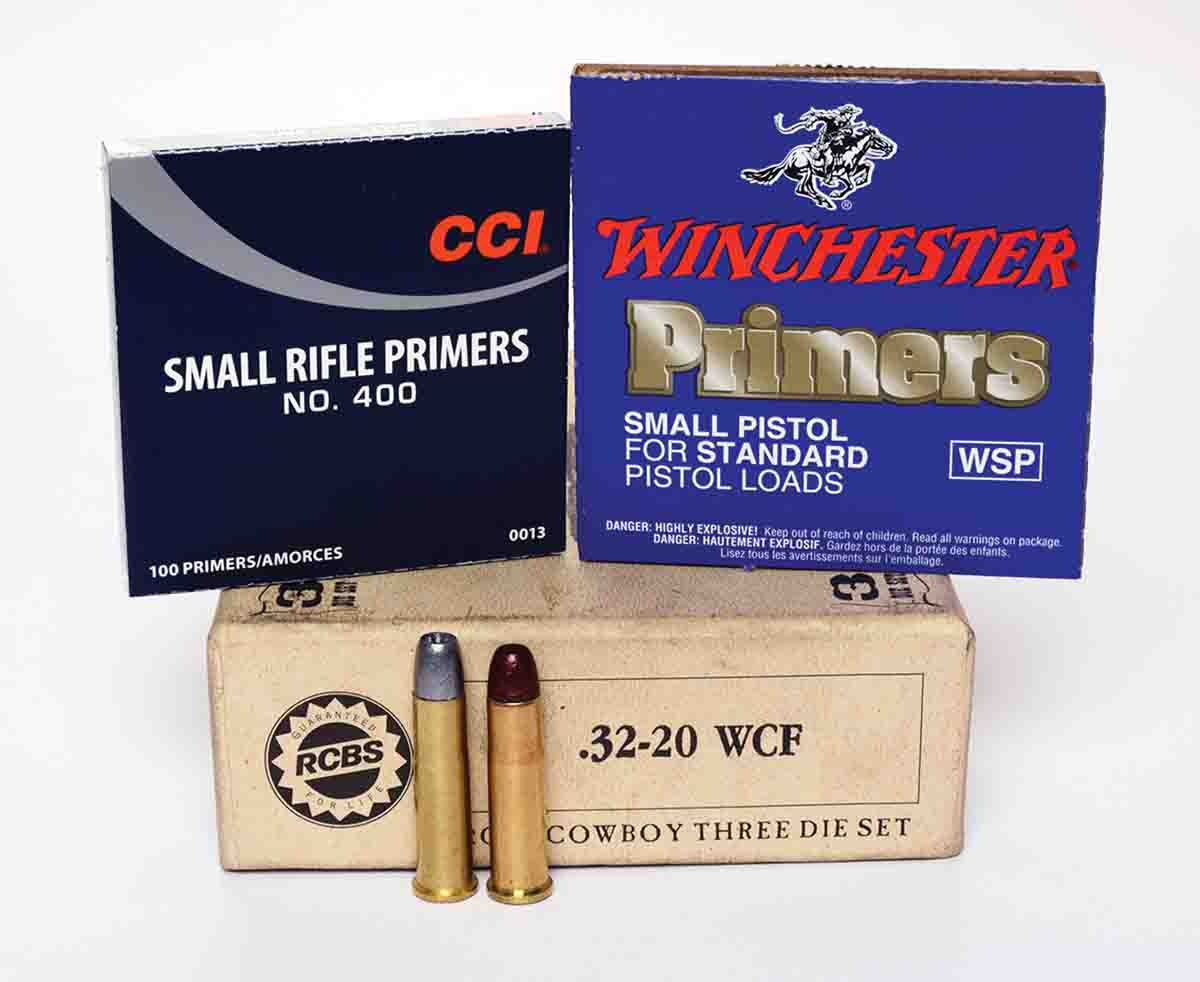 Substituting small rifle primers solved a problem of perforated primers. The RCBS “Cowboy”.32-20 dies worked perfectly for loading lead alloy bullets.